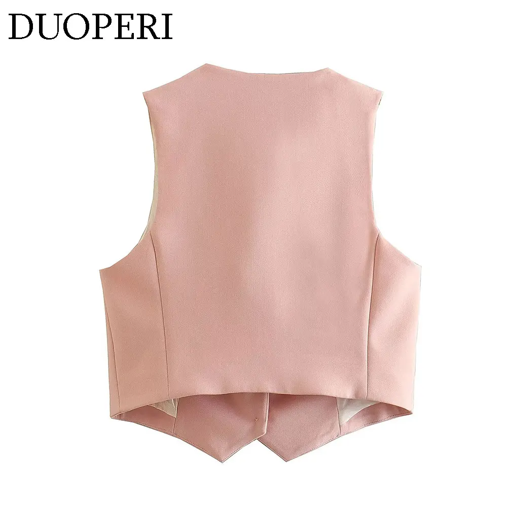 DUOPERI Women Fashion Two Pieces Sets Pink Tank Vest and Straight Trousers Female Chic Office Lady Basic Waistcoat and Pant Coor