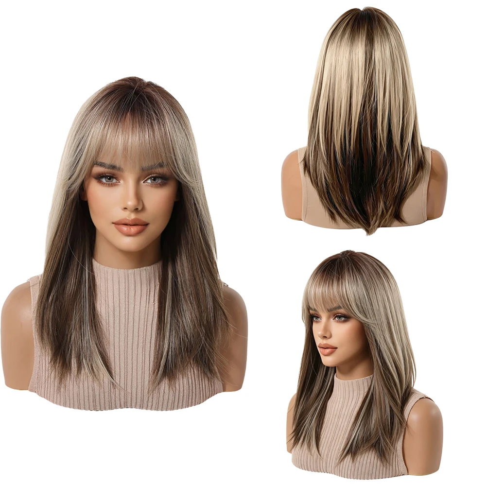 Medium Straight Layered Wig with Bangs Dark Root Ombre Brown Blonde Highlights Heat Resistant Synthetic Hair For Women Daily