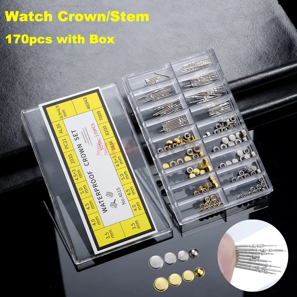 170Pcs/Box Watch Crown Parts Repair Tool Kits with Box Replacement Case Crown Stem Assorted Dome Flat Head Watch Accessories