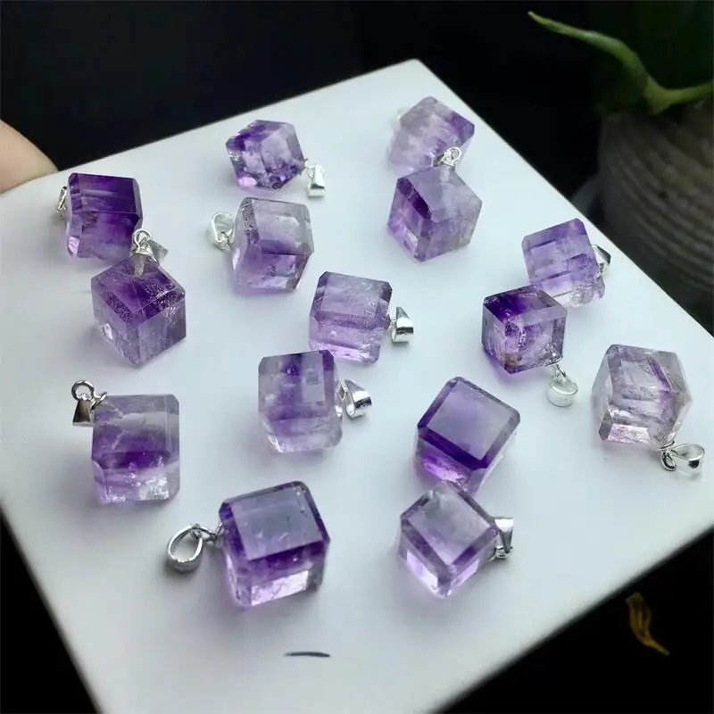 S925 Natural Purple Rutilated Super Seven Quartz Cube Pendant For Earring Bracelet Reiki Healing Stone DIY Accessories 12-13MM