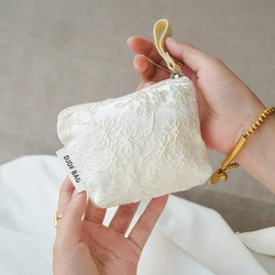 White embroidery mini coin purse portable women makeup bag zipper design commuter lipstick envelope cosmetics key storage bag