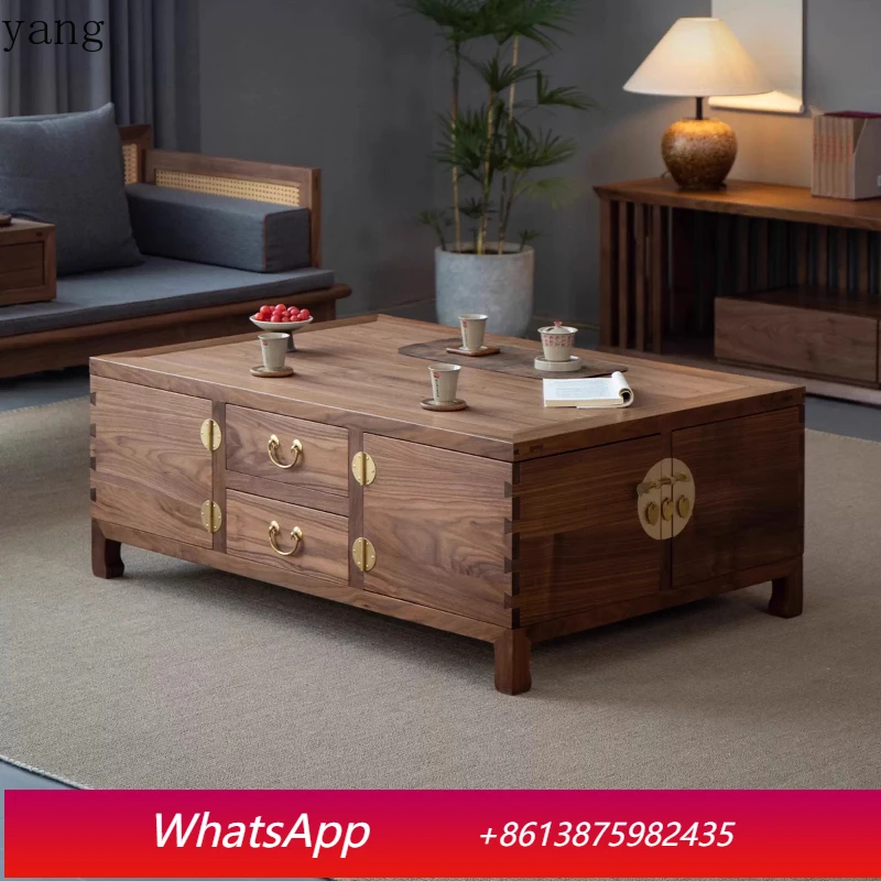 

LMM solid wood coffee table black rectangular living room home coffee table storage drawer can be rotated