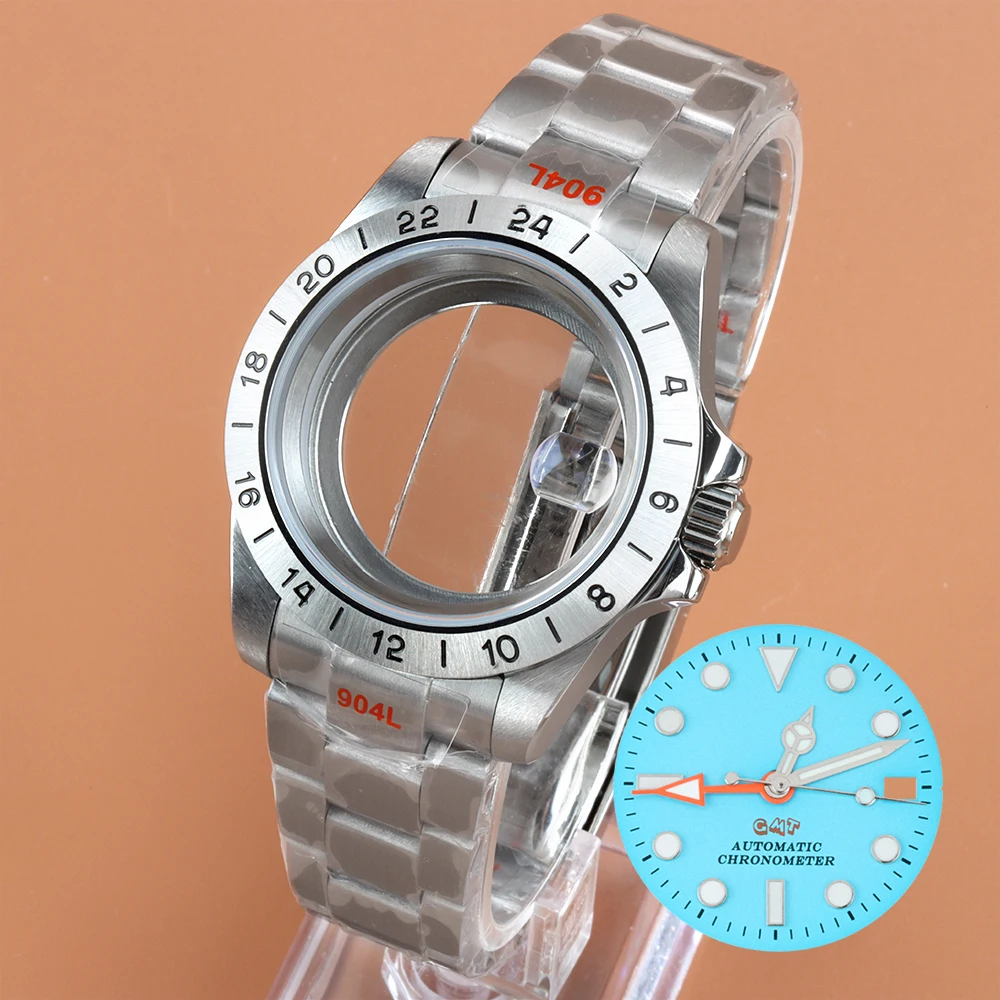 39mm 24 Hour Steel Bezel Watch Case Dial Hands For Explorer GMT NH34 Automatic Movement Sapphire Glass Brushed Oyster Bracelet