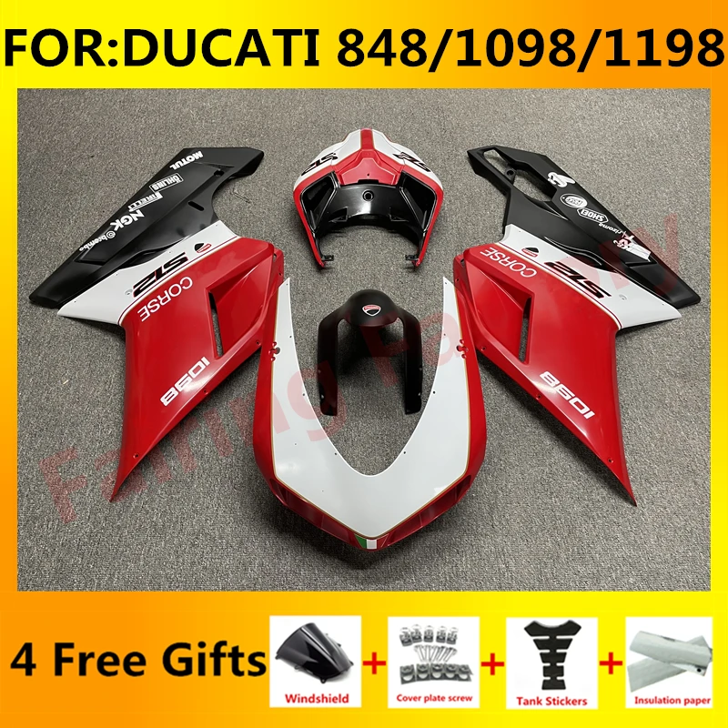 

Новый комплект обтекателей для мотоцикла ABS, подходит для DUCATI 848 1098 1198 2007 2008 2009 2010 2011 2012, комплект обтекателей красного и белого цвета