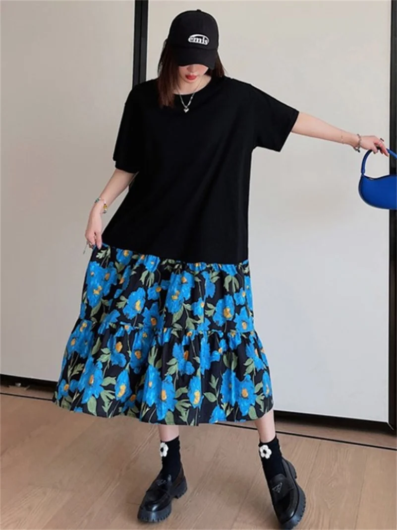 الربيع القطن خمر التنانير المطبوعة الأزرق منتصف العجل شارع العليا السيدات تنفس الكشكشة فضفاضة مرونة الخصر للإناث Vestidos #3