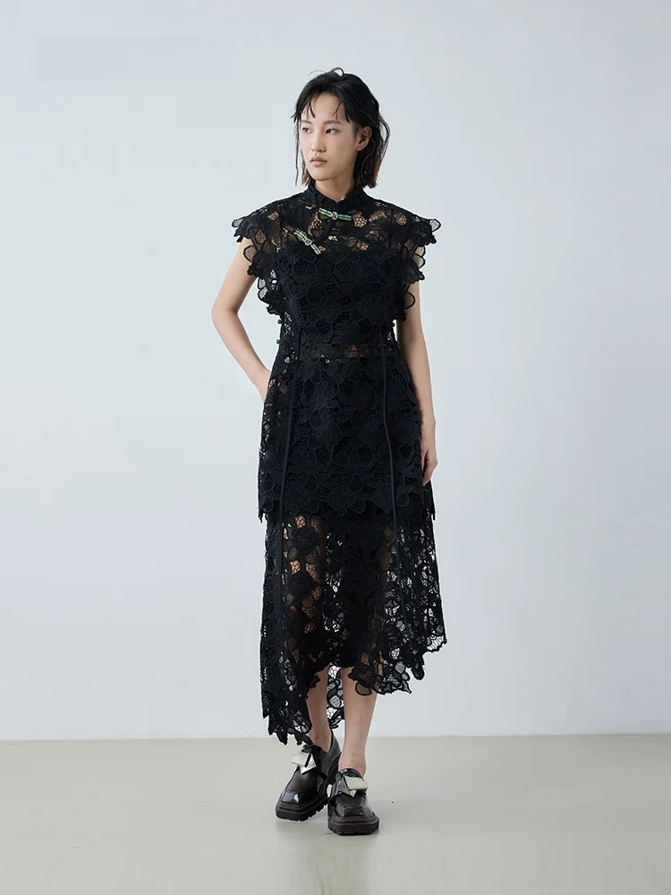 

New Chinese Sle Svel Hollow out Lace Top XMOOM2025 Spring Design Sense Women's Loose Fit Polyester Fiber Knitted Sweater