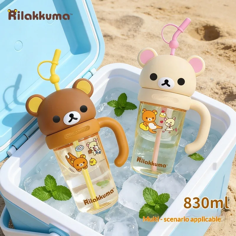 Kawaii 830ml Rilakkuma Ton Ton Cup Super Large Capacity Water Cup Portable Cartoon Bear Drinking Straw Cup Anime Peripheral Gift view 4