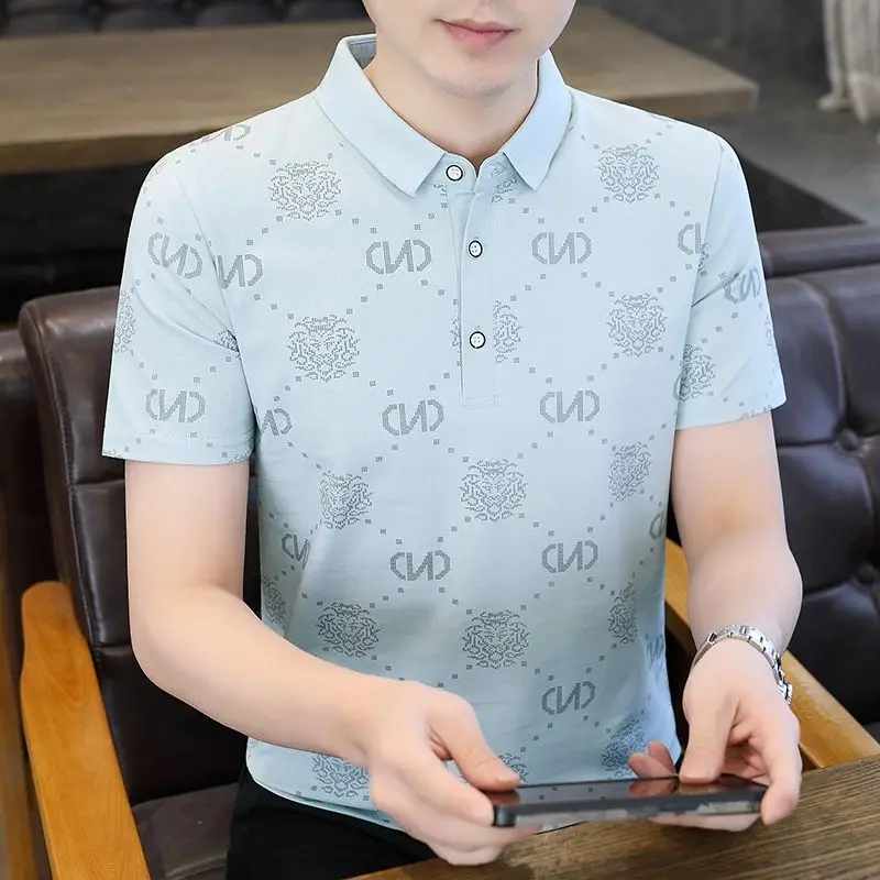 

Men's Clothing Turn-down Collar Button Short Sleeve Summer Pullover Letter Geometric Graphic T-shirt Boyfriend Business Tops