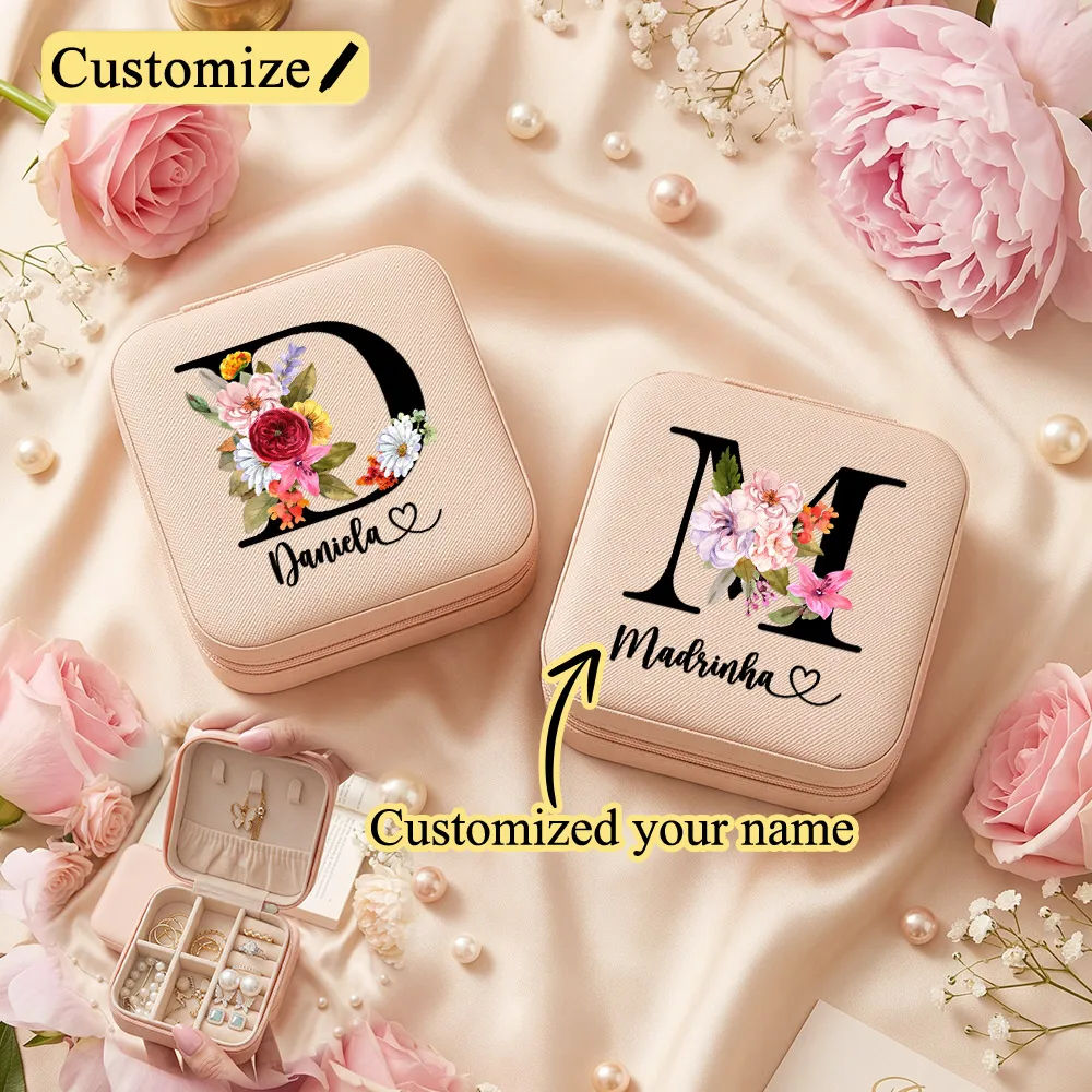 Custom Wildflowers Name Initials Jewelry Case,Personalized Small Jewelry Organizer for Rings, Necklaces, Bracelets,Jewelry Box