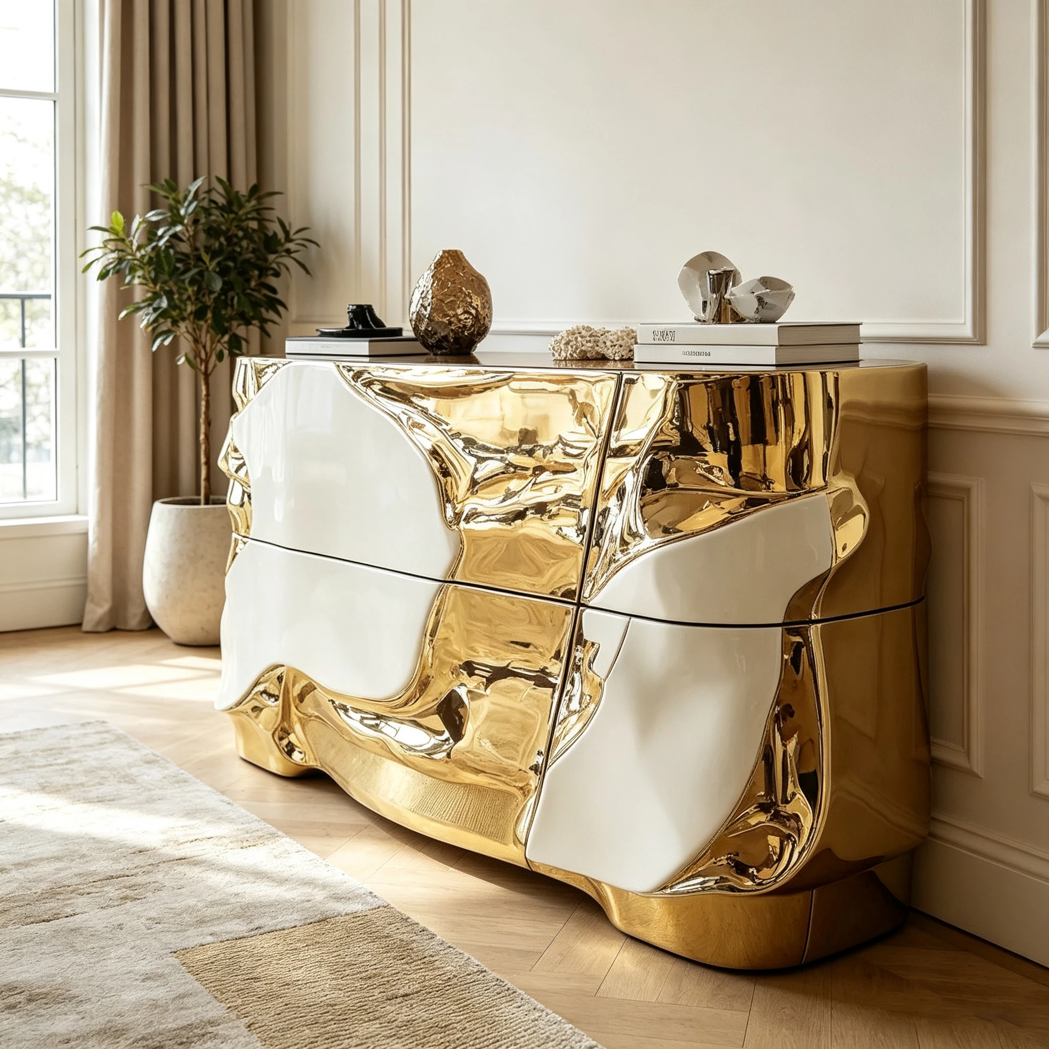 M*-M*-Irregular Patch Gold Inlay Fiberglass Sideboard Gloss Black Wavy Body Thin Metal Leg