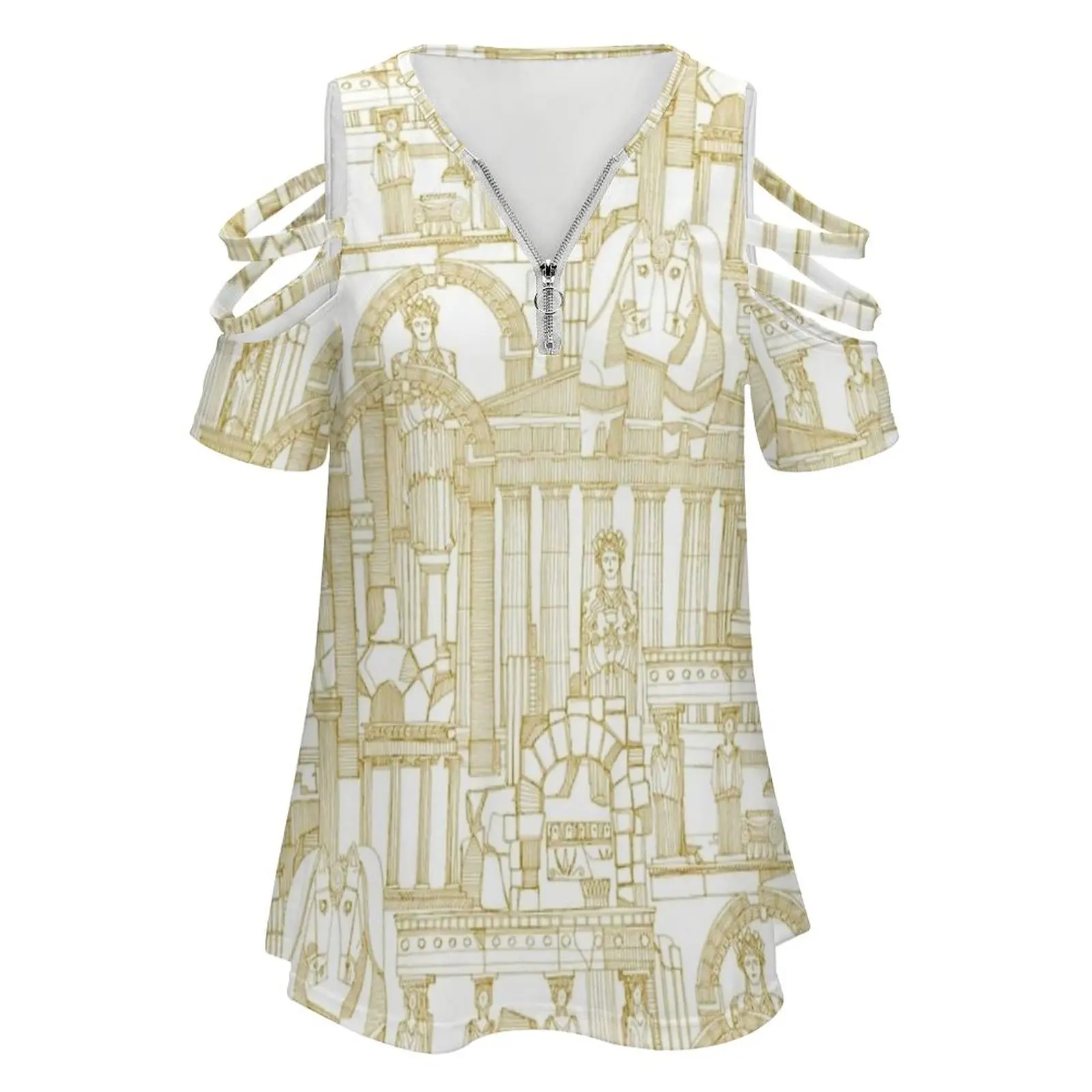 Ancient Greece Gold White New Fashion Zip Off Shoulder Top Short-Sleeve Women Shirt Greece Greek Illustrative Ancient History