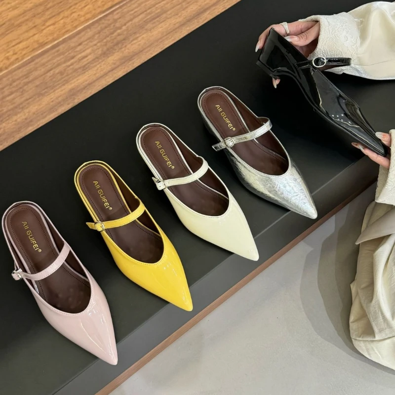 

High Quality Pointed Toe Patent Leather Women Sandal Fashion Narrow Band Buckle Slide Sandals Elegant Comfort Heeled Shoes Woman
