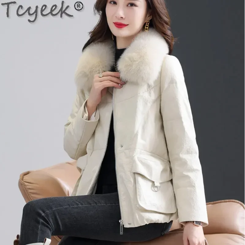 

Tcyeek Winter Warm Genuine Leather Down Jacket Women Natural Fox Fur Collar Coat Grace Sheepskin Jackets Woman Clothes Chaqueta