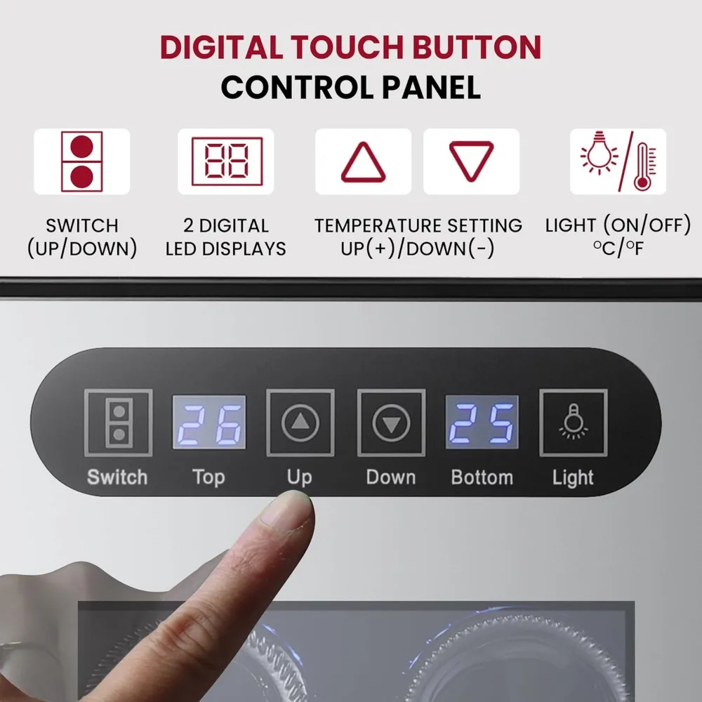 ثلاجة النبيذ - مبرد النبيذ، خزانة النبيذ 18 زجاجة للشمبانيا، النبيذ الأحمر والأبيض، قبو قائم بذاته للمنطقة المزدوجة للبار، المنزل،