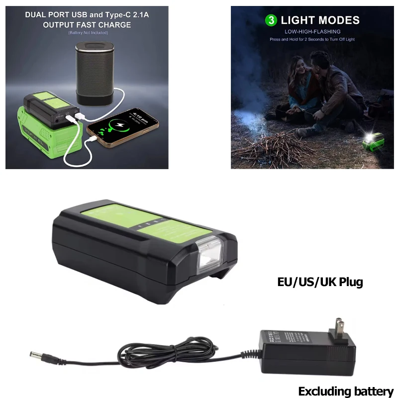 Battery Adapter For GreenWorks 40V Lithium Battery With 3W LED Work Lamp USB Type-C Phone Charger adapter Outdoors Portable