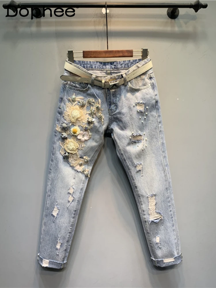 

European Goods Heavy Industry Beads Diamond 3d Flower Hole Light Jeans for Women 2024 Spring Autumn High Waist Harem Pants