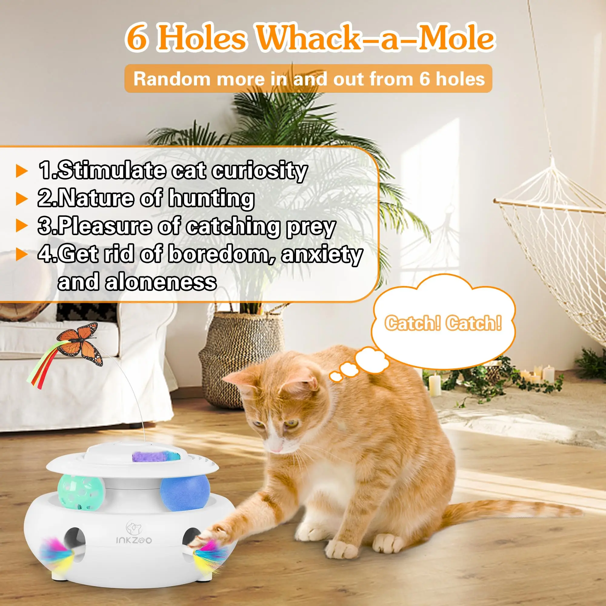 4-in-1 Interactive Cat Toys for Indoor , Automatic 6 Holes Mice Whack-A-Mole, Fluttering Butterfly, Track Balls,USB Rechargeable