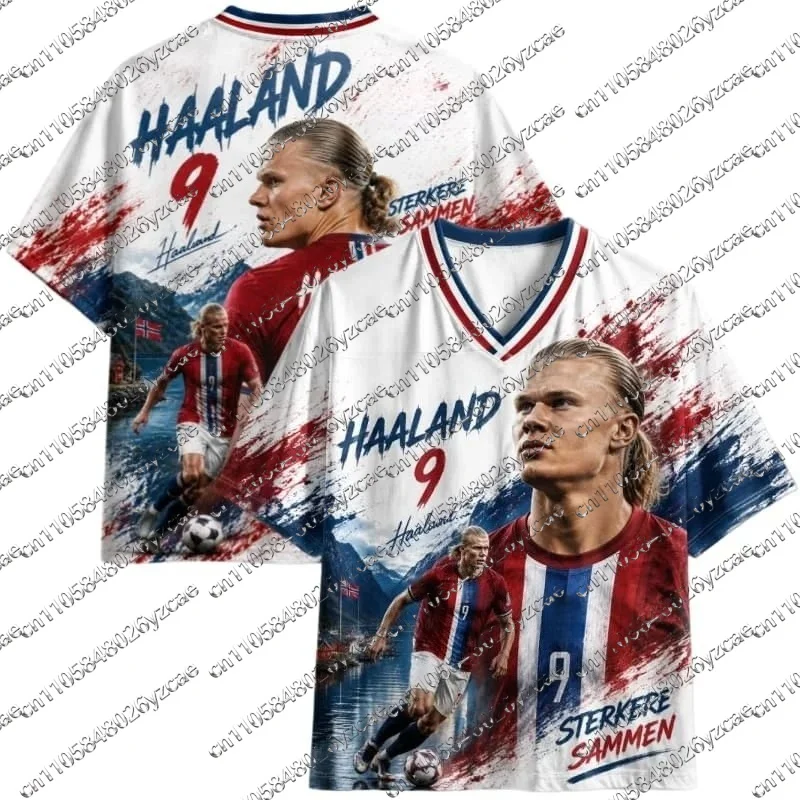 Hot Norwegian Erling Haaland No.9 Commemorative Jersey, V-neck Short Sleeved Unisex Sports and Casual T-shirt for Family Wear