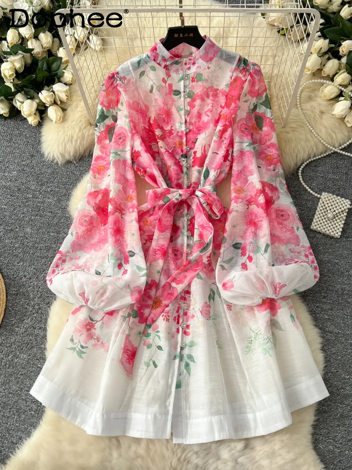 

2026 Spring New Elegant Lady Lantern Sleeve Dress Printed Lace-up Waist European and American Style Women's Dress
