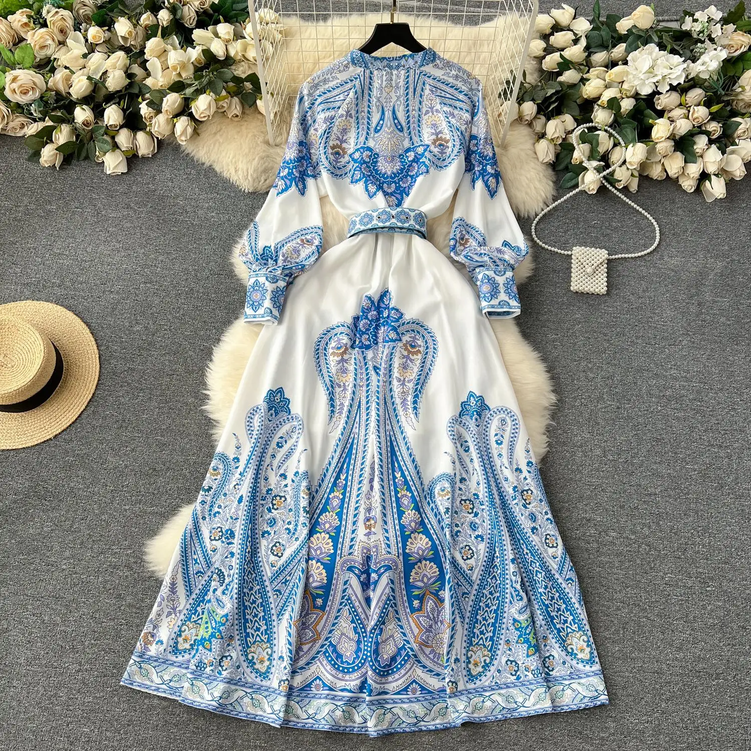 Imagem -02 - Vestido de Linho de Primavera Feminino Gola Alta Manga de Lanterna Longa Estampa Vintage Botões Cinto Acima Robe Maxi 2023