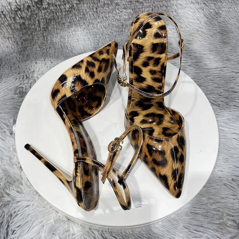 

New Fashionable 12cm Slim Heel Sexy Leopard Print One line High Heel Shoes with Headband Sandals