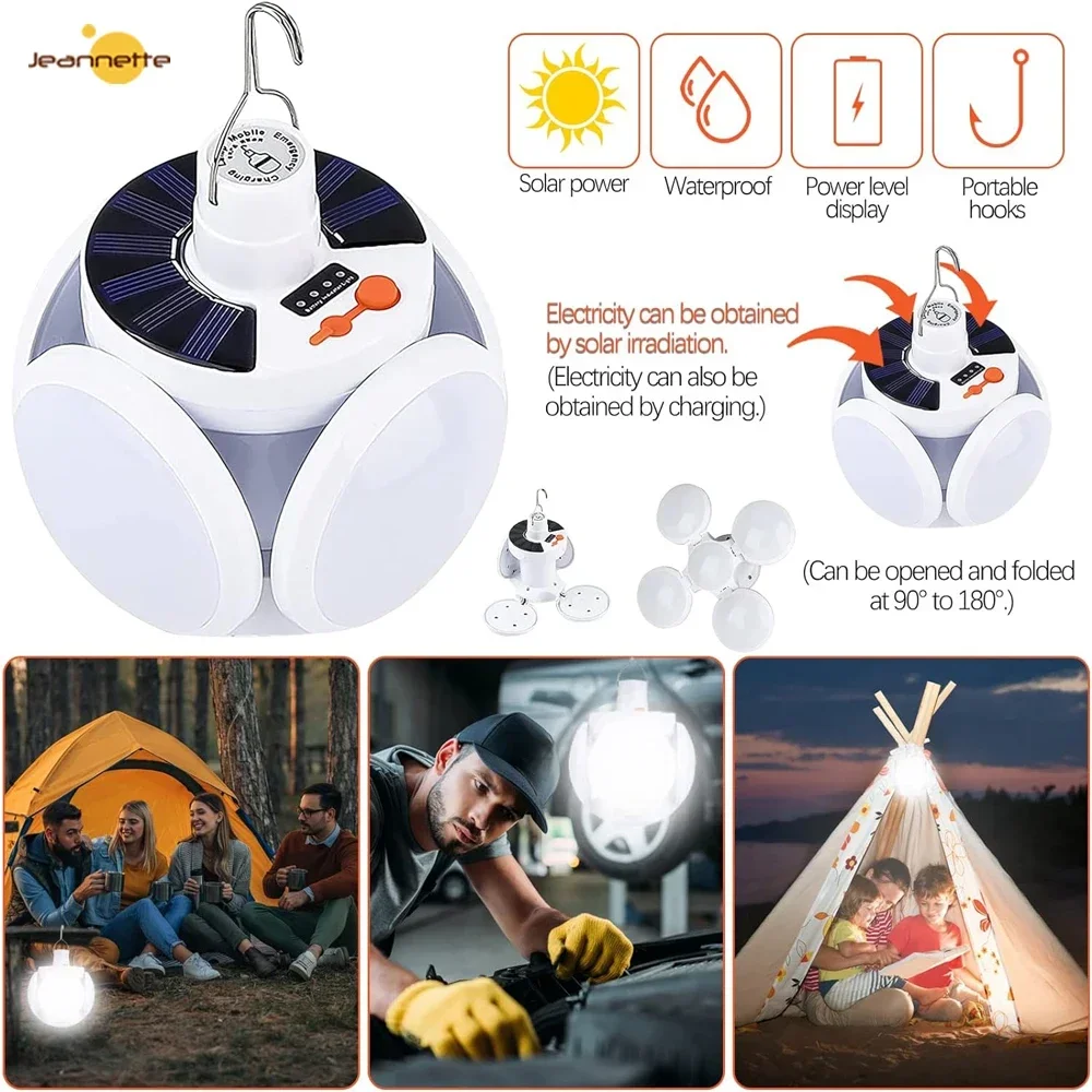 Solar Camping Lantern Portable Tent Lamp Folding LED Football Bulbs Rechargeable USB Camping Light for Home Office Tent Car Lamp