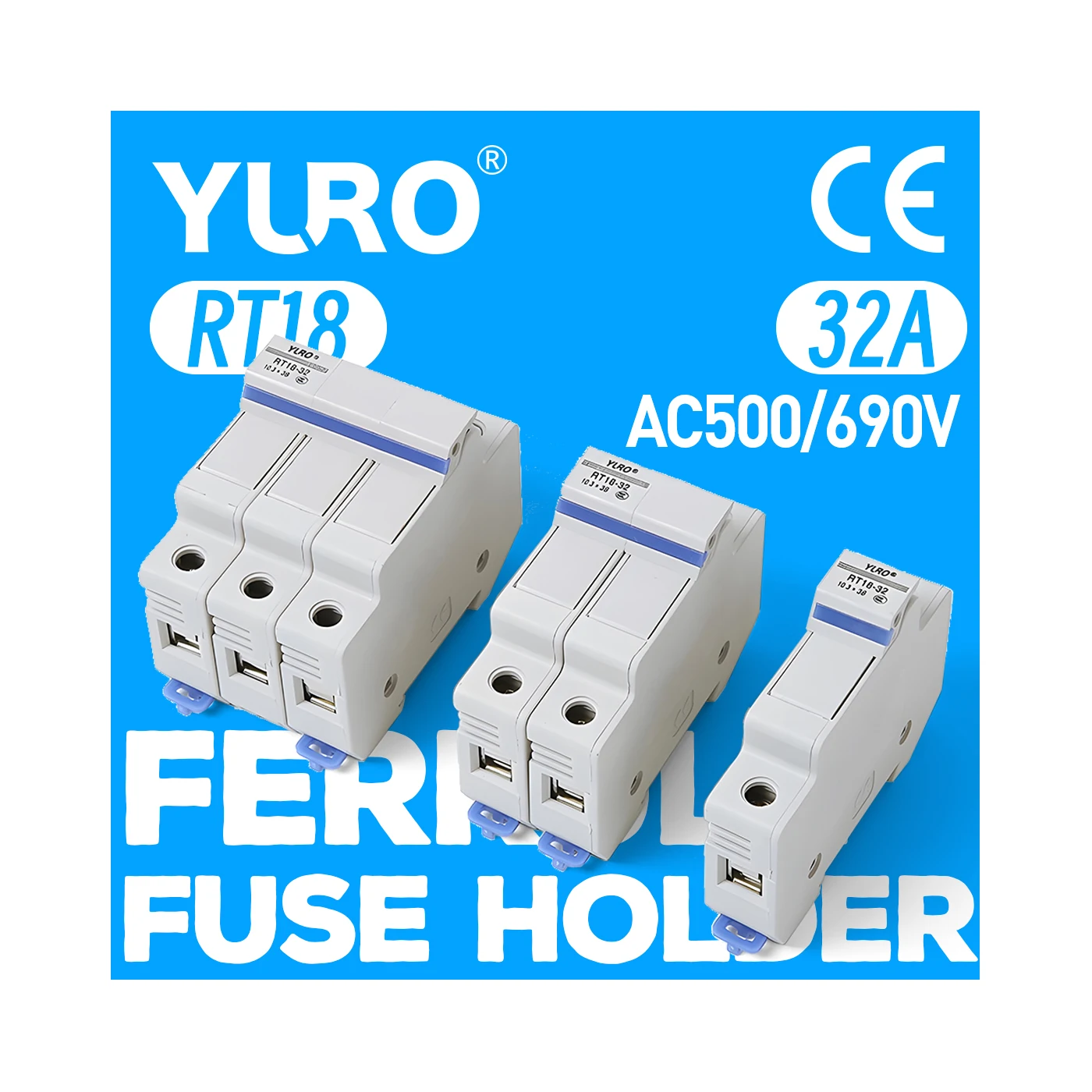 

YURO RT18-32 Ferrule Ceramic Fuse Holder 10x38mm 32A AC500V/690V 1P-3P For Motor Protection Electrical Panel