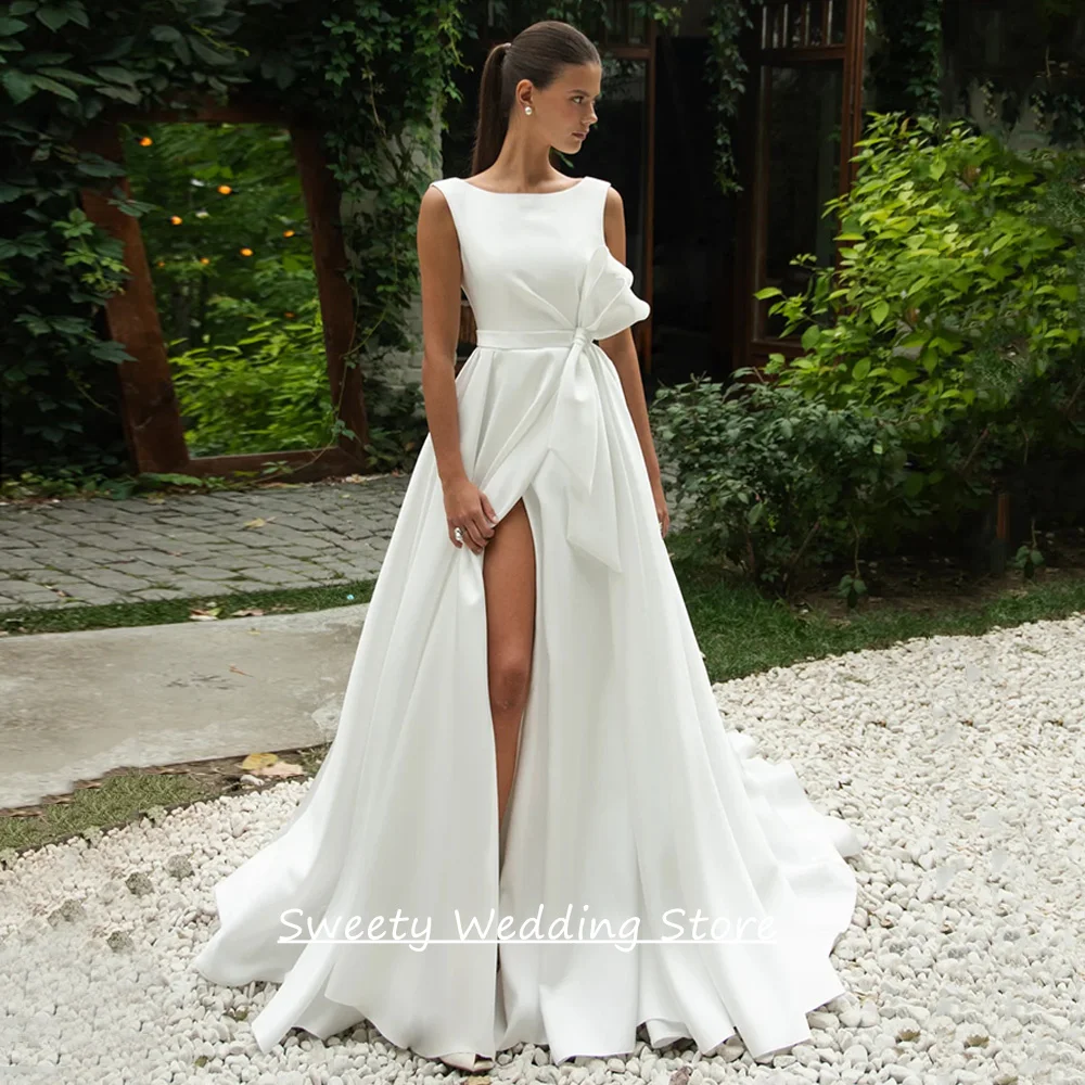 

Modern Wedding Dress Simple Bride Dresses Customized Scoop Neck Sleeveless Criss Cross Skirt A Line Satin Bridal Gown
