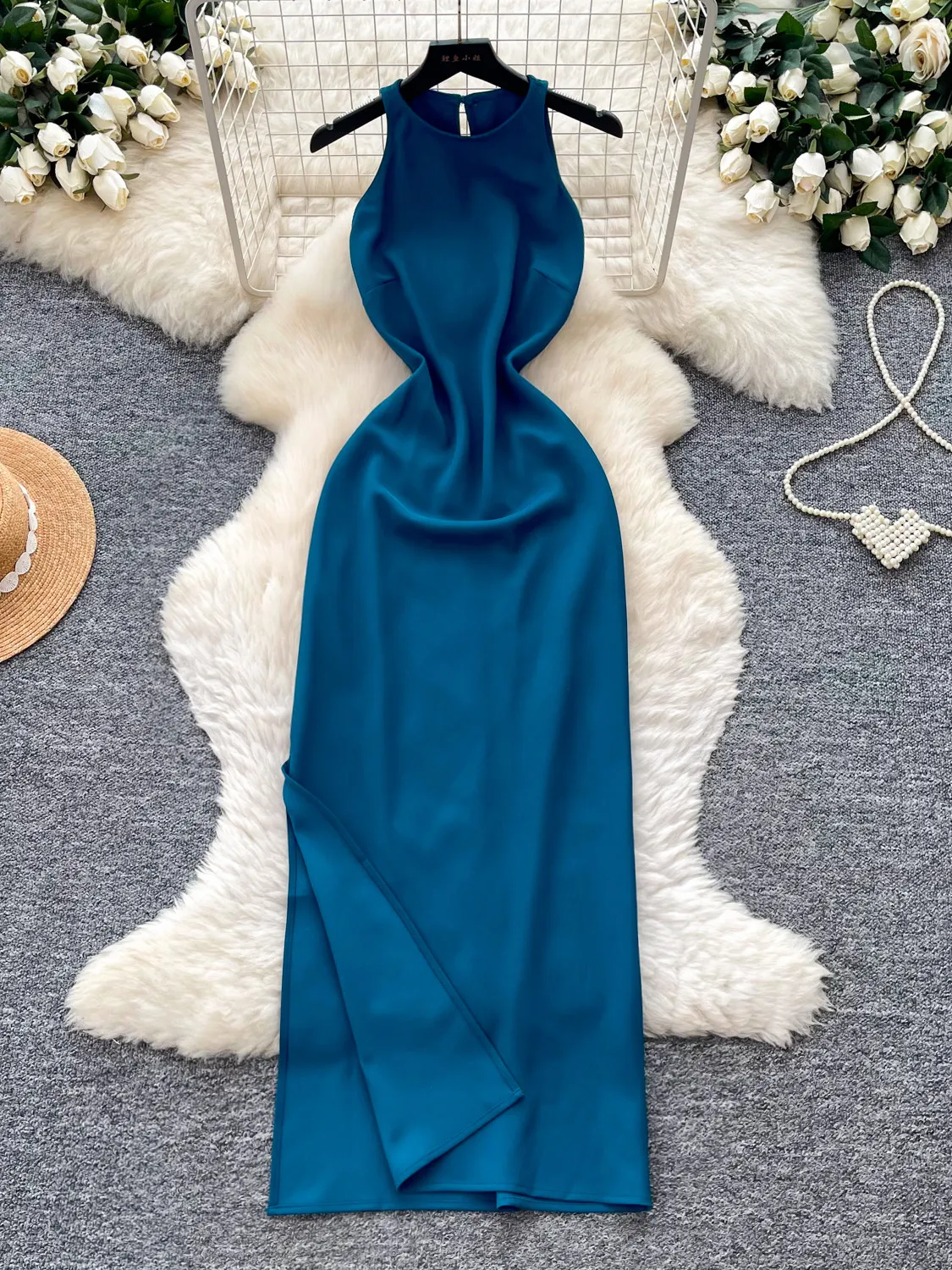 Women's Blue Halter Dress French Vintage Elegant Luxury Evening Dress Off Shoulder Sleeveless Slit Long Dress for Women Summer