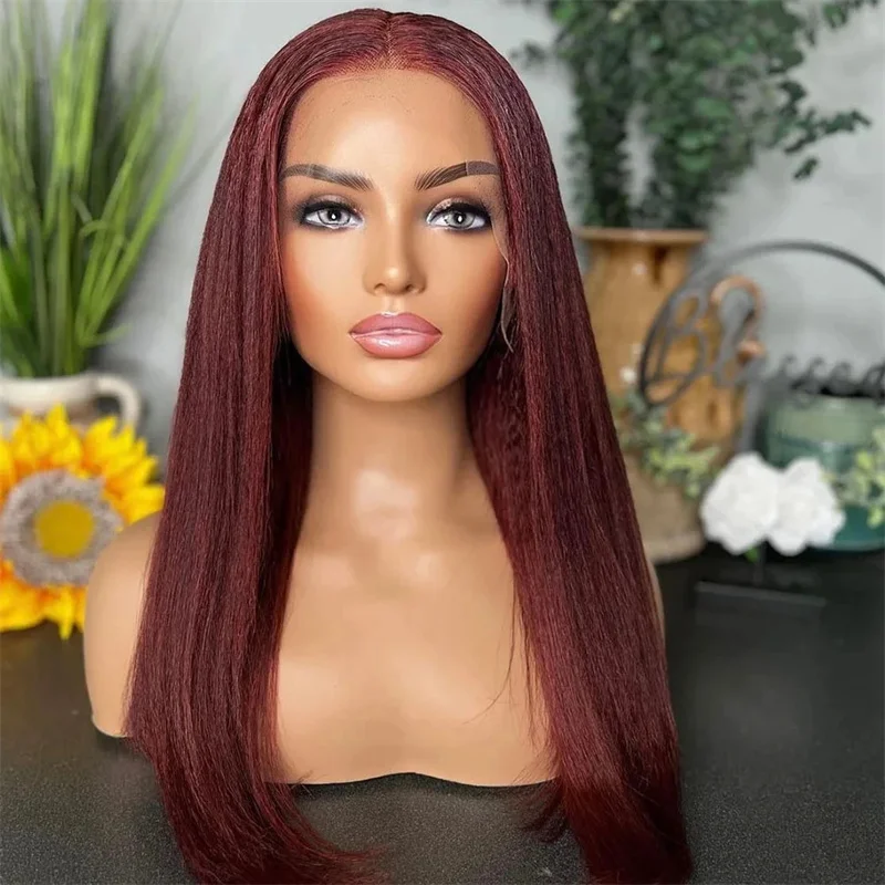 30inch Burgundy Yaki Kinky Straight Lace Front Wig For Women With Baby Hair Synthetic Preplucked Daily Wig Fashion