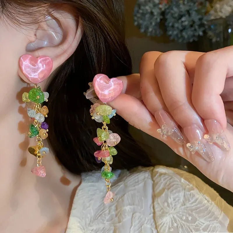 Multicolor Crystal Earrings For Women Exquisite Flower Long Tassel Earrings Heart Drop Earrings Girls Temperament Jewelry