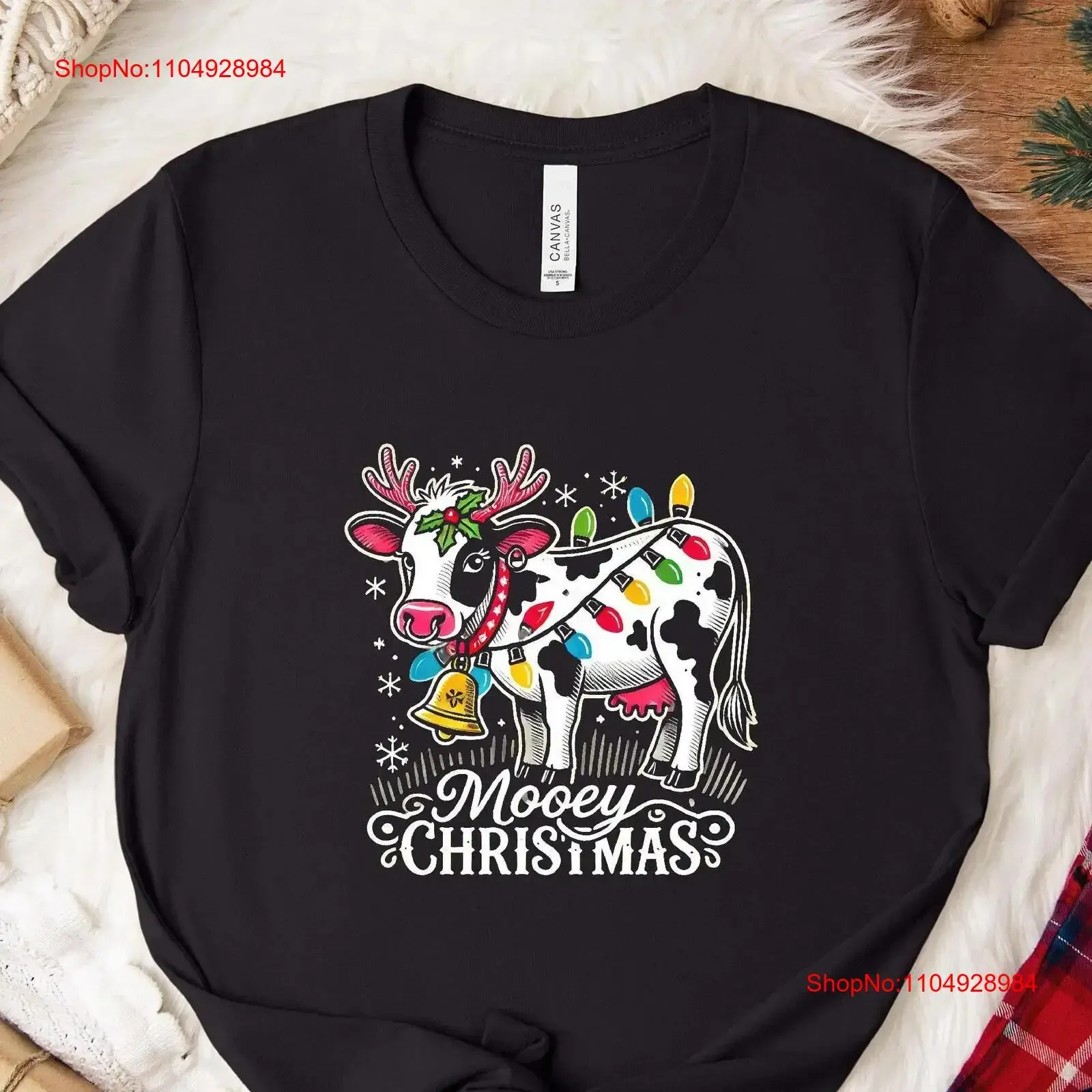 تي شيرت Mooey لعيد الميلاد، بقرة لطيفة وأضواء احتفالية، تصميم مريح وأنيق للاحتفالات في العطلات، مغسول عتيق