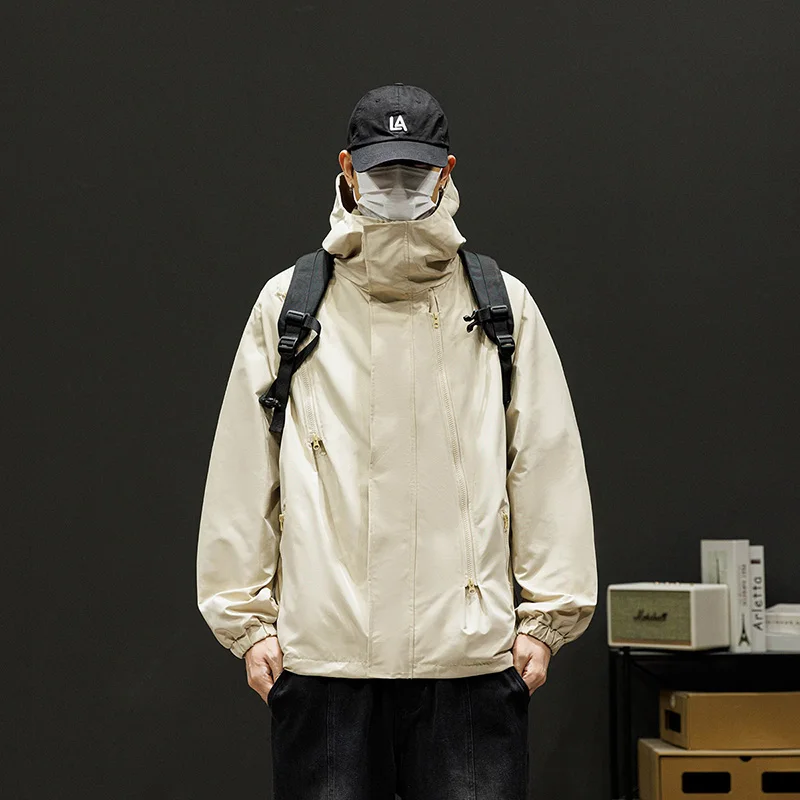 男性トレンチコートファッショナブルなアウトドア防風スポーツコートフード付きルーズフィットメンズアウターカジュアルスタイルカップルモデル