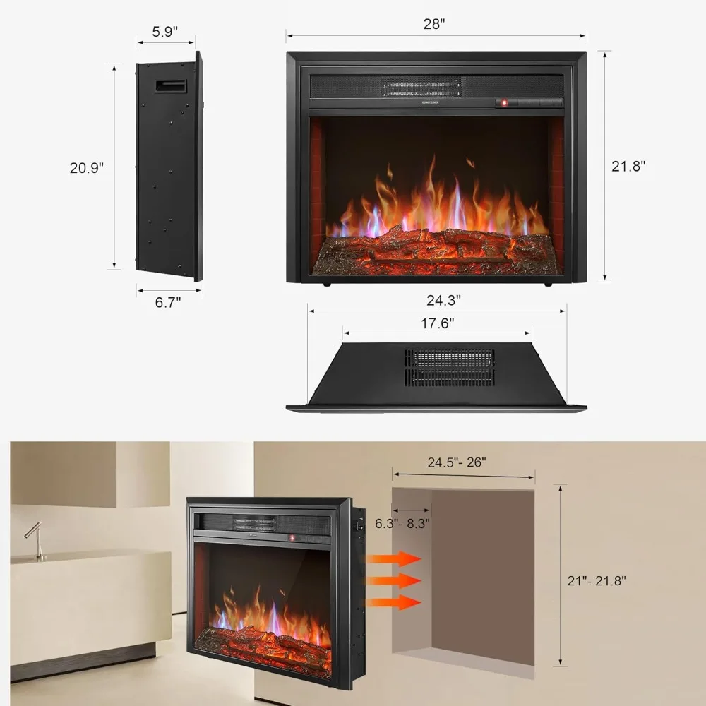 In-Wall Electric Fireplace Insert with Remote, 6-Level Brightness, Ideal for Living Room