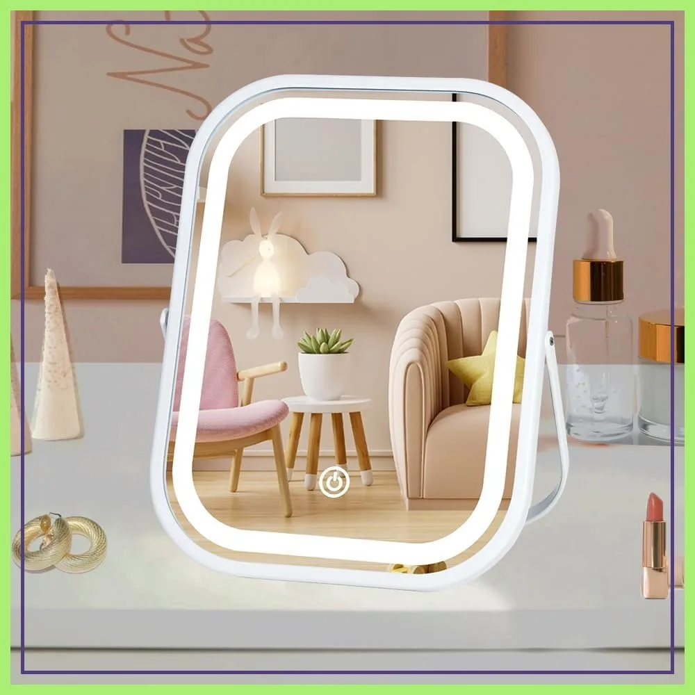 

Rechargeable Vanity Mirror with Lights 6x8 Inch, 3-Color Touch Control Tabletop Mirror, Portable Cordless Travel Mirror