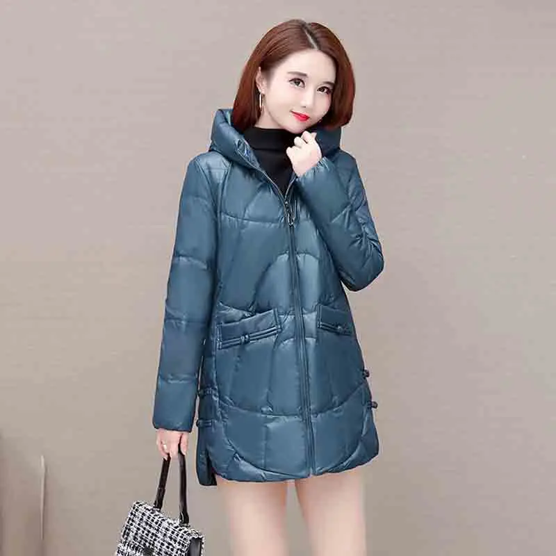 Fashion Duck Duck Down  Women's 2022 Winter New Button High-end Loose Slim Fit Warm Hooded Pocket  Women's Tide 5XL