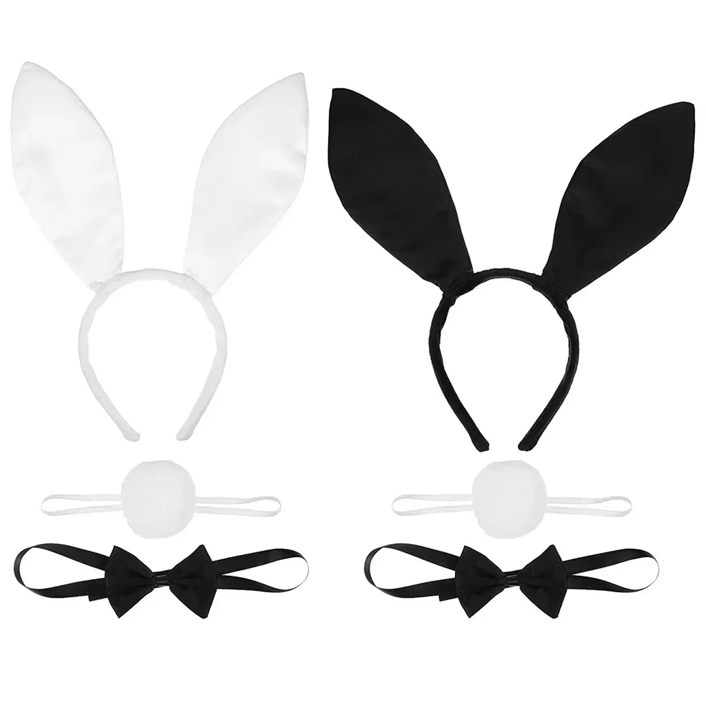 Bandeau de lapin noir blanc pour filles, bandeau de sauna, oreilles, queue droite, costume de cosplay d'Halloween, fête, 1 pièce
