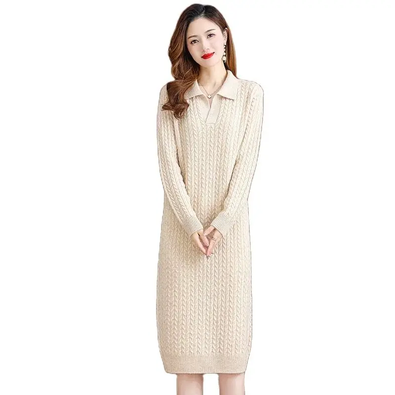 

Collar Thickened Fried Dough Twists Long Wool Underlay Dress Autumn/Winter 2023 Knitted Cashmere Sweater Women