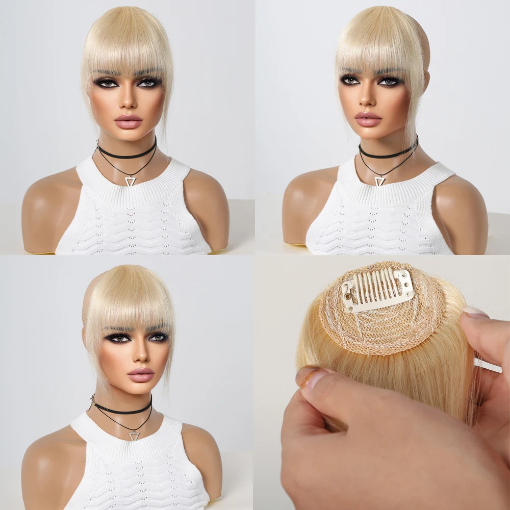 100% Real Human Hair Blonde Golden Wispy Bangs Clip in Hair Extensions Natural Air Bangs Hairpieces for Women Daily Wear 4.5inch