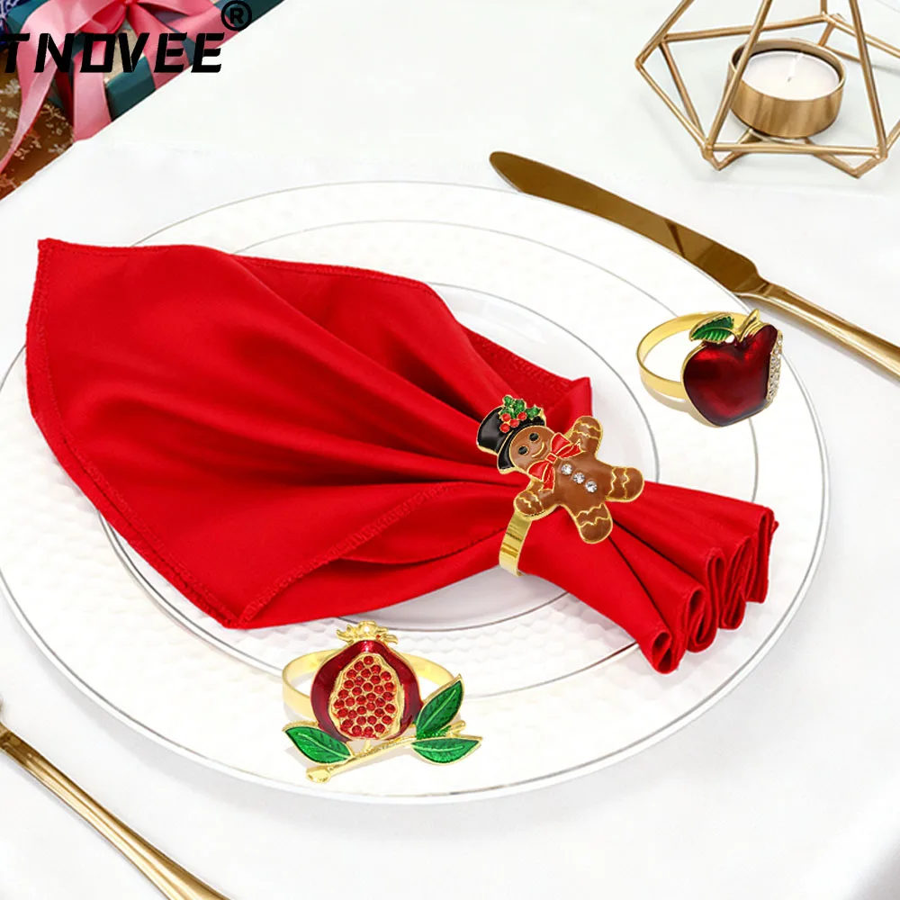 6Pcs Christmas Napkin Rings Set Pomegranate Apple Gingerbread Man Napkin Holder for New Year Holiday Wedding Xmas Table Decor