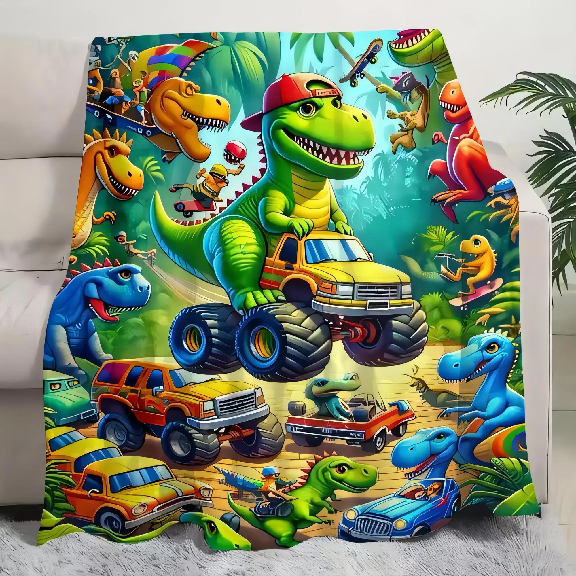 Whimsical Dinosaur Blanket Colorful Throw Soft Cozy Bedspread Jungle Scene Kids Gift T-Rex Driving Monster Truck Fun Vehicle Des