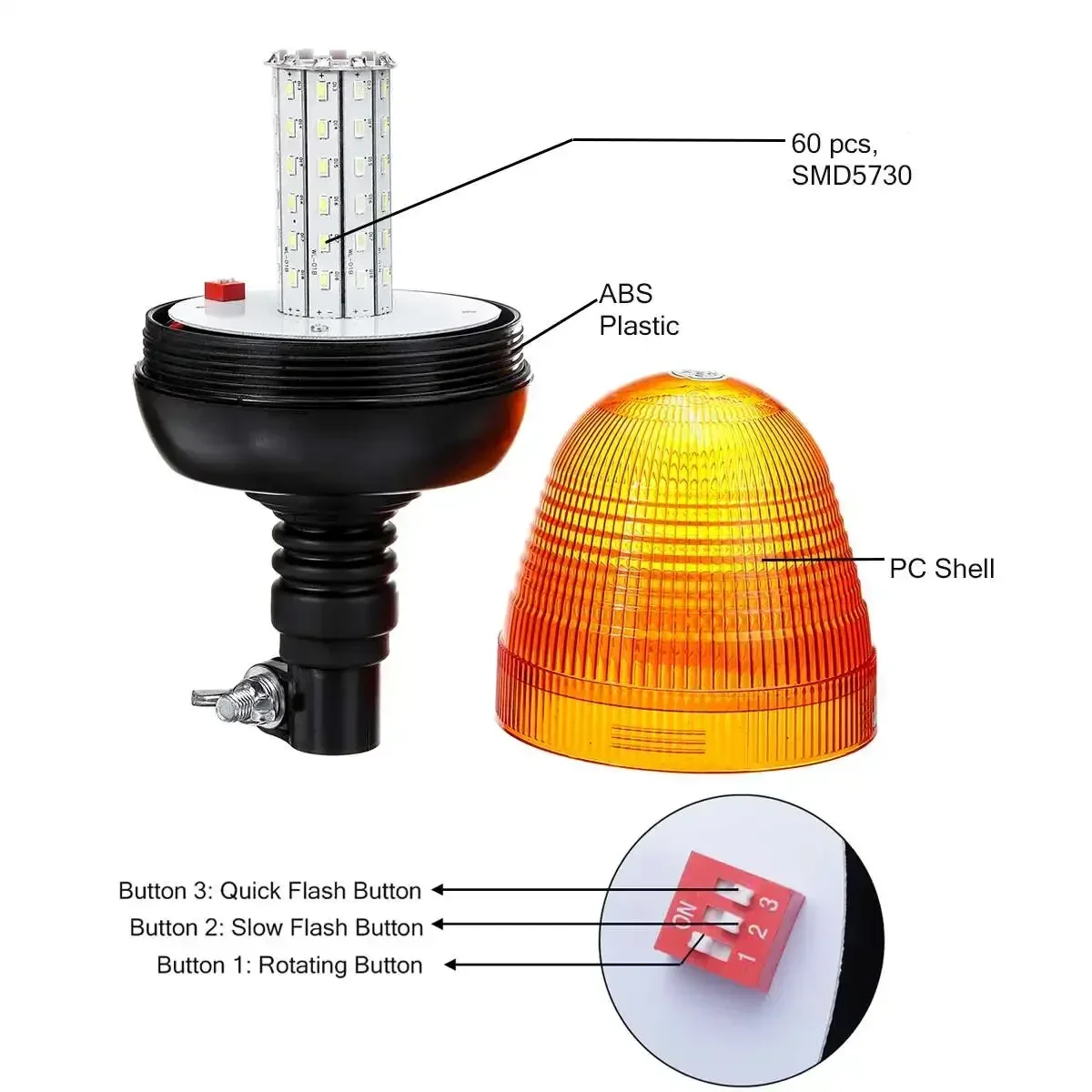 12V 24V 60 LED Vehicle Truck Tractor Beacon Warning Rotating Emergency Flashing Strobe Safety Traffice Light Mount Signal Lamp