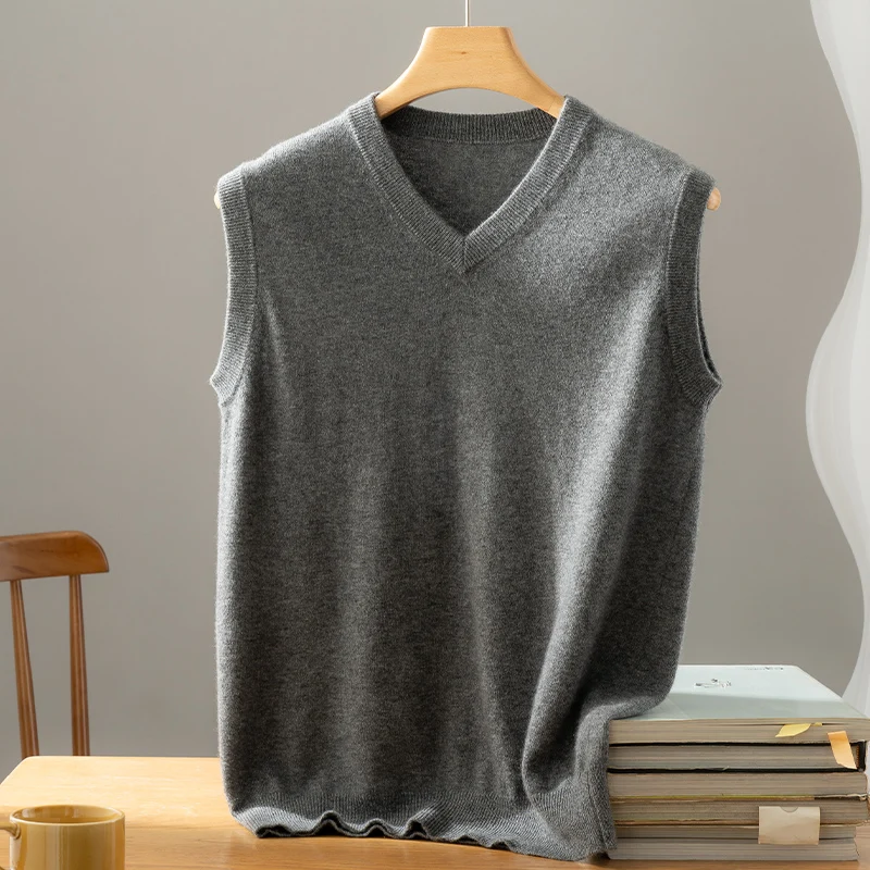 New Men's Cashmere Knit V-Neck Sleeveless Vests Spring Autumn Men Slim Fit Knitted Pullovers Fashion Casual Soft Sweaters