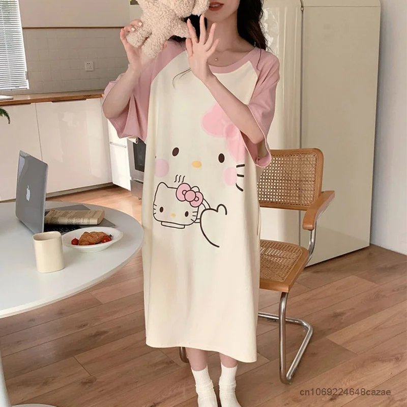 Sanrio Cartoon Summer Cute Dress Women Hello Kitty Short Sleeve Sleepshirts Medium Long Style Nightgowns Y2k Soft Home Clothes