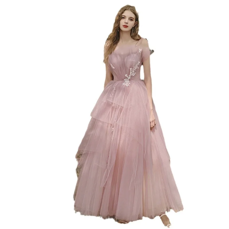 2024 neue elegante und süße Kleid Französisch lange rosa Mädchen Festival Kleid Party Hochzeit Brautjungfer Tanz Abschluss kleid