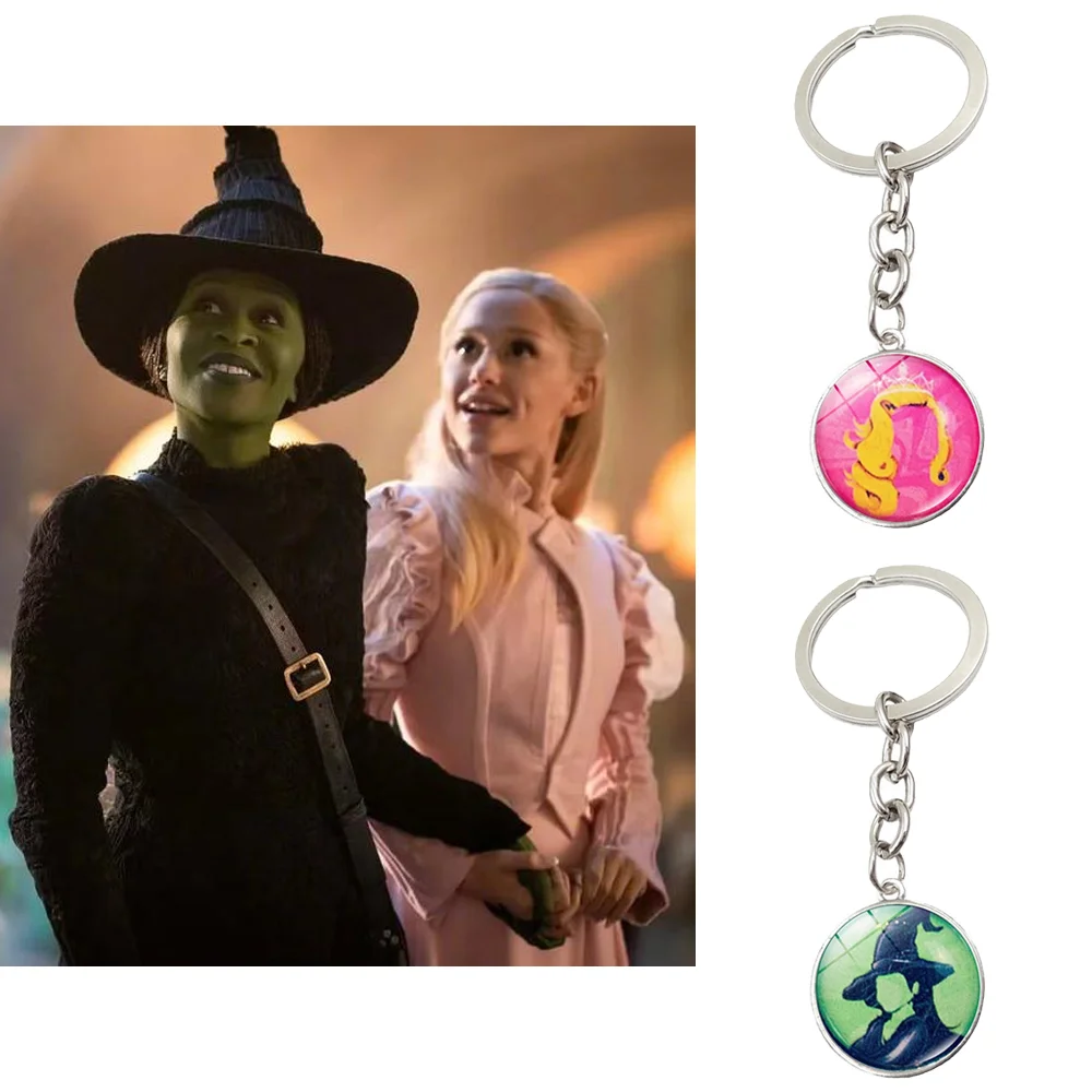 Wicked Elphaba&Linda Cosplay Pendant Keychain Movie Magic Witch Hat Glass Snap Women Key Ring BFF Couple for Best Friend Jewelry