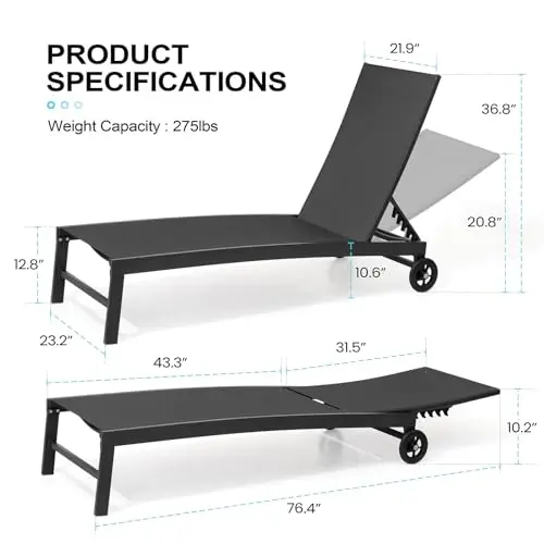 Pool Lounge Chairs with Wheels, Chaise Lounge Outdoor Set of 2 (Black) | 5-Position Adjustable Backrest,Sturdy Metal