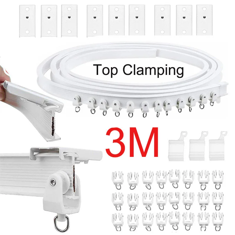 

3M Curved Curtain Track Rail Top Clamping Flexible Ceiling Mounted Straight Windows Balcony Curtain Pole Accessories F1