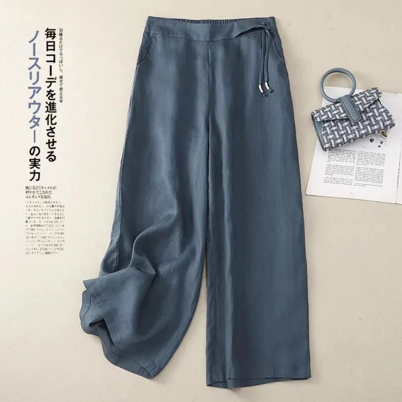 

Women's Plus Size Spring and Summer New Chinese Style Romantic Literary Style Gem Blue Solid Color Thin Comfortable Casual Pants