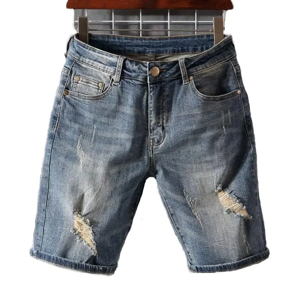 Marcas de luxo curto 2025 em linha reta magro-ajuste elástico meia calças verão fino médio calças retro velho rasgado denim shorts roupas masculinas